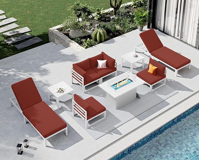 NICESOUL 6 Person Modern Aluminum Outdoor Patio Furniture Set with Lounge Chair & Firepit, 29" Wide Deep Seating, UV Resistant Modular Sectional Couch, Large Conversation Set for Poolside, Burgundy