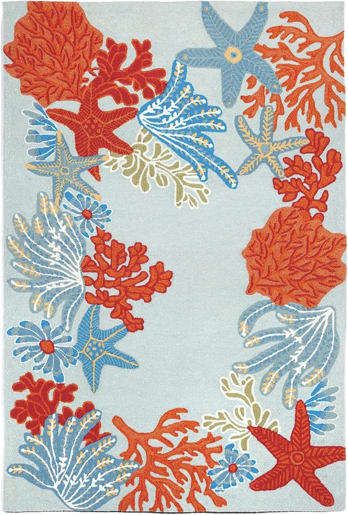 Liora Manne RAVELLA Indoor/Outdoor Hand Tufted Synthetic Blend Durable Area Rug - Contemporary Border Coastal Fish Decorative (Ocean Scene Aqua) (8'3" x 11'6")