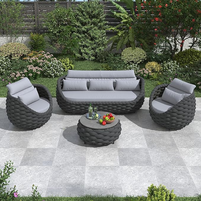 Modern Outdoor Living Room Furniture Set: 4-Piece Alumunim Assembled Woven Rope Accent Patio Conversation Set, All-Weather Lounge Sofa Set for Porch Backyard Garden Deck Poolside Hotel