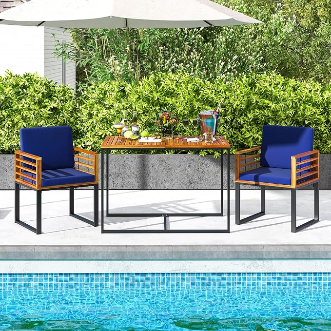 Tangkula Acacia Wood Patio Dining Table, 4-Person Rectangular Outdoor Dining Table with Metal Frame, Outdoor Patio Table for Porch, Garden, Deck, Lawn and Backyard