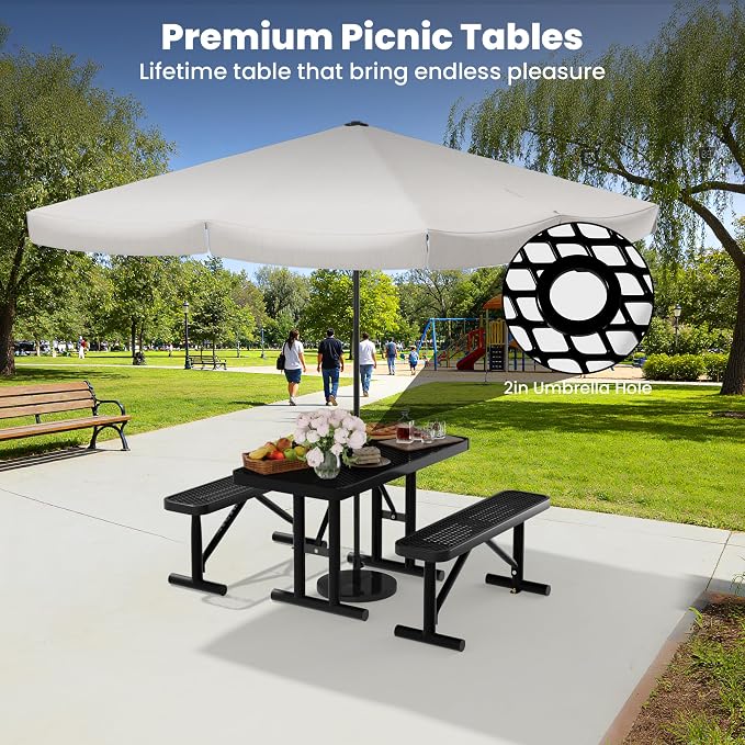 4FT Outdoor Metal Picnic Table with 2 Benches,Heavy Duty Rectangular Picnic Table Set for Outside, Waterproof Commercial Restaurant Table Furniture for Park, Campfield, Patio, Garden, Yard