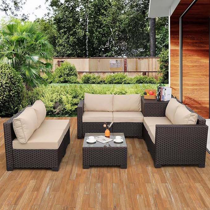Valita 6 Pieces Wicker Patio Furniture Set Outdoor Sectional Conversation Sofa Set with Storage Bin and Glass Table with Non-Slip Cushions Furniture Covers, Beige