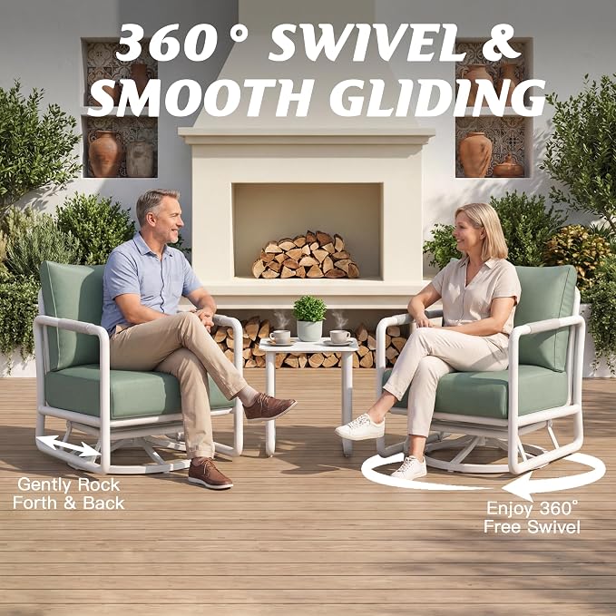 3-Piece Aluminum Patio Furniture Set, Outdoor Swivel Rocking Chairs with 6.5" Thick Cushions & Coffee Table, All-Weather Rust-Resistant Frame Conversation Set for Porch, Garden, Backyard, White
