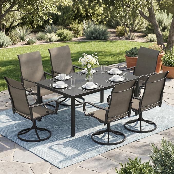 7 Pieces Patio Dining Set, 6 Outdoor Swivel Dining Chairs with 63" Rectangle Metal Outdoor Dining Table with Umbrella Hole for Garden Backyard Deck, Mixed Brown & Black