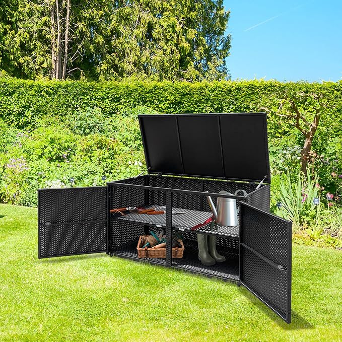 Giantex Rattan Deck Box Outdoor&Indoor 88 Gallon Wicker Storage Bench W/Separate Storage Shelf, Openable Door, Steel Fram, Tools Storage for Patio,Garden, Balcony, Porch, Yard Storage Box (Black)