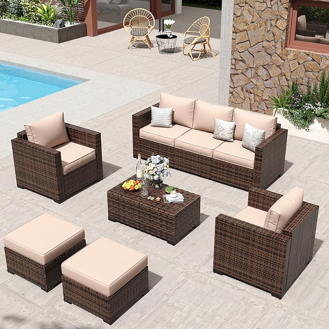 Amopatio Patio Furniture Set, Outdoor Furniture Wicker Rattan Sofa, Outdoor Sectional Set with Ottomans, Patio Conversation Set for Backyard (Khaki)