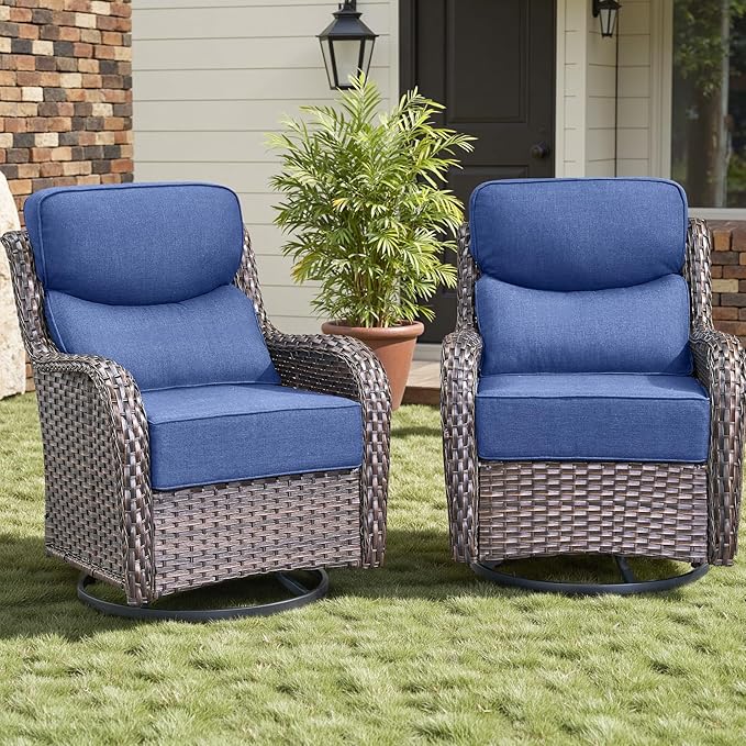 Rilyson Outdoor Swivel Rocker Chairs - All Weather Resistant Wicker Patio Furniture Set of 2 with High Back and 6 inch Thick Cushions for Deck Porch Yard and Poolside, Brown/Blue