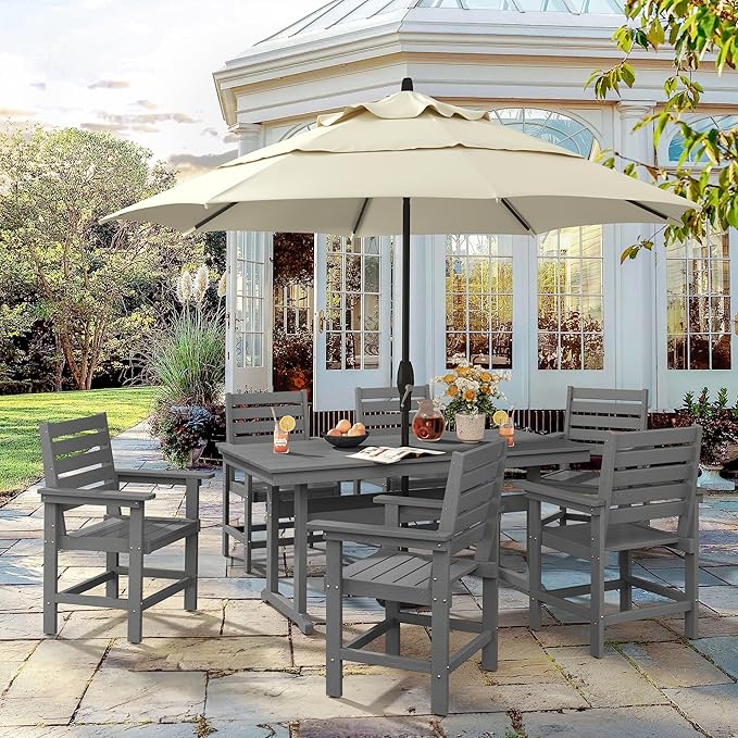 7 Piece Patio Dining Set, 66" Rectangle HDPS Weather Resistant Outdoor Table & 6 Patio Chairs Set with 1.96" Umbrella Hole, Heavy Duty Chairs for Backyard Balcony Deck, Grey