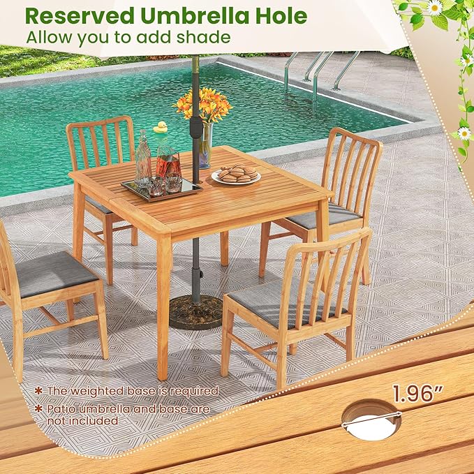 Tangkula 4-Person Outdoor Acacia Wood Dining Table, 40" Square Bistro Table with 1.96" Umbrella Hole, Outdoor Patio Table for Porch, Deck, Garden and Backyard, Natural