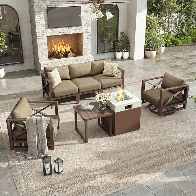 Aluminum Patio Furniture Set with Fire Pit Table,5-Seats Patio Sectional Conversation Sofa with 5.2" All-Weather Cushions and 2 Swivel Rocking Chairs,Outdoor Furniture Set(Brown)