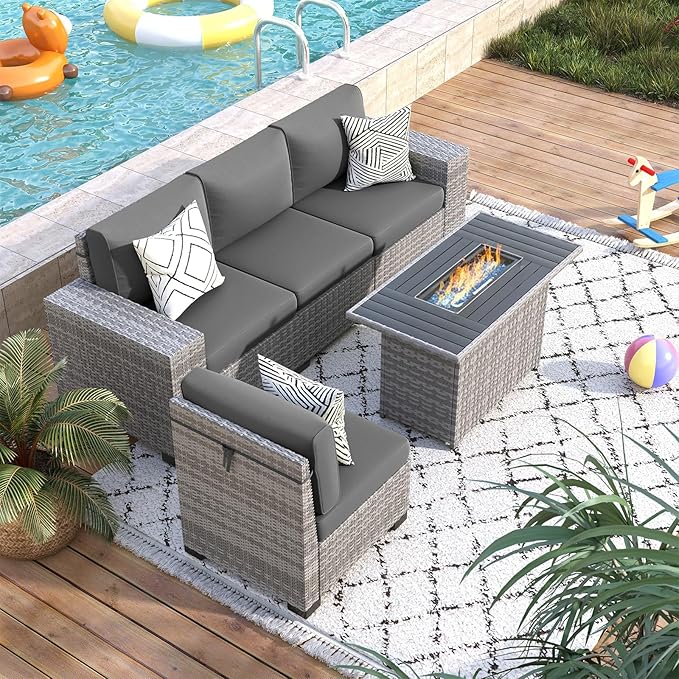 5 Piece Patio Furniture Set with Fire Pit Table, Outdoor Conversation Sets Grey Wicker Rattan Sectional Sofa, 4'' Thickened Cushion Dark Grey (Include Waterproof Cover)