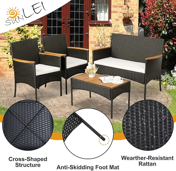 SUNLEI Multi Pieces Outdoor Patio Furniture Sets Conversation Sets Rattan Chair Wicker Set,Glass Table,Outdoor Indoor Use Backyard Porch Garden Poolside (Black, 4 PCS-White/Wood Tabletop)…