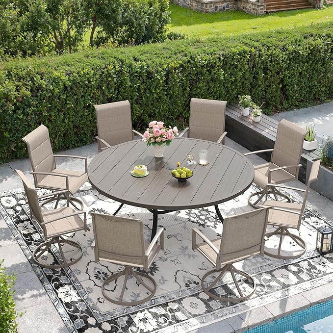 DIFY 9 Piece Outdoor Patio Dining Set for 8, 60" Grey Wood-Like Round Metal Dining Table and Swivel Patio Chairs with Sandshell Padded Textilene, All-Weather Outdoor Furniture Set for Garden Backyard