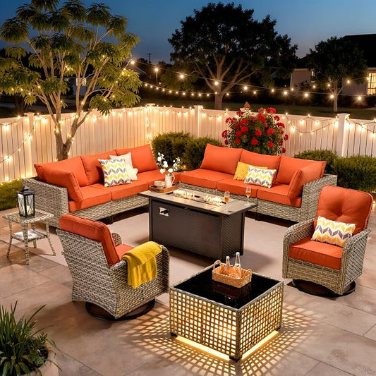 11 Piece Patio Furniture Set Outdoor Sectional with 54" Fire Pit Table, Wicker Swivel Rocking Chairs and L-Shaped Rattan Couch, Modular Conversation Set with Solar Coffee Table for Backyard, Red