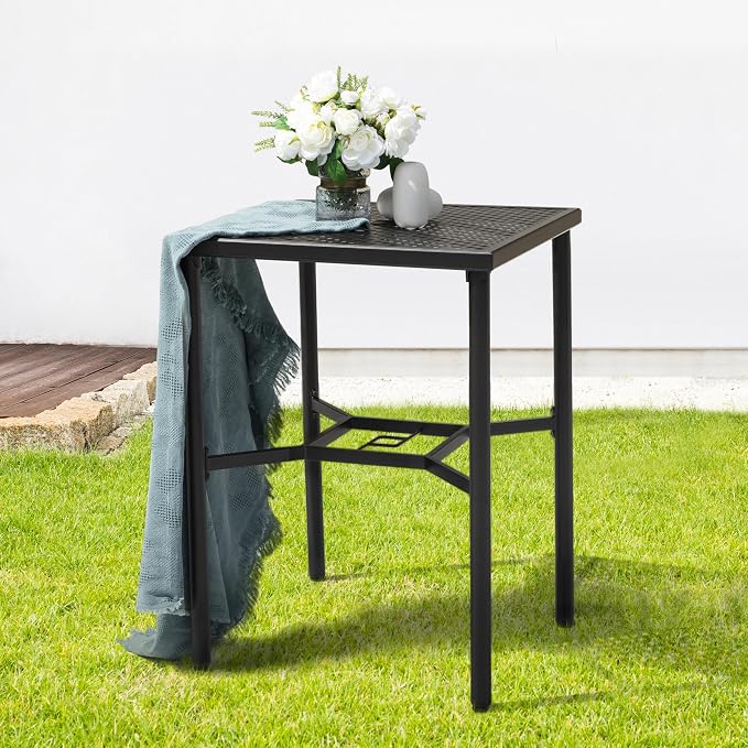 NUU GARDEN Patio Bar Table with Umbrella Hole, Bar Height Bistro Table, Black