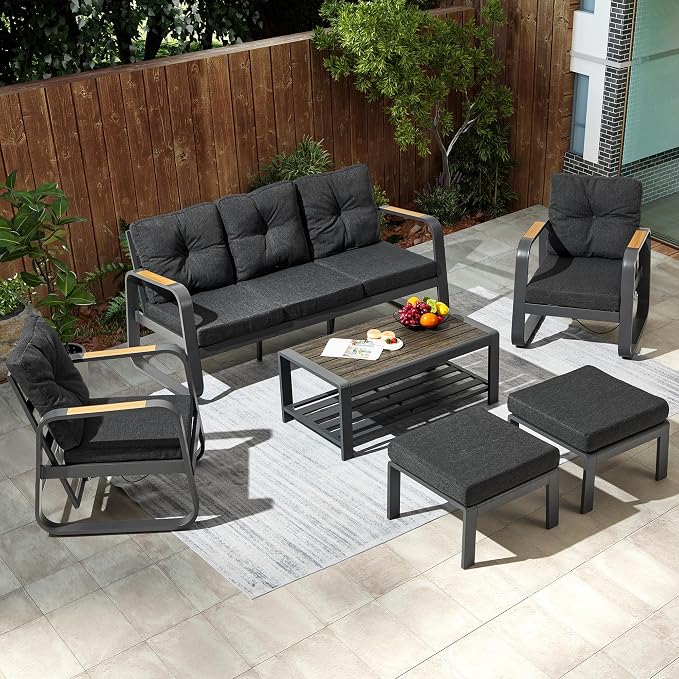 6 Pcs Aluminum Patio Furniture Set with Coffee Table Outdoor Conversation Sofa Set Include Adjustable 3-Seater Sofa, 2 Hydraulic Chair, 2 Ottoman for Balcony, Garden, Poolsid（Gray）