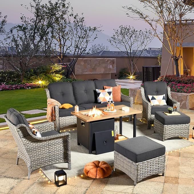 HOOOWOOO 6 Piece Patio Furniture Sets with Fire Pit Table,Outdoor Wicker Furniture Set,All Weather Resistant Outside High Back Rattan Conversation Set for Out Door(Black)