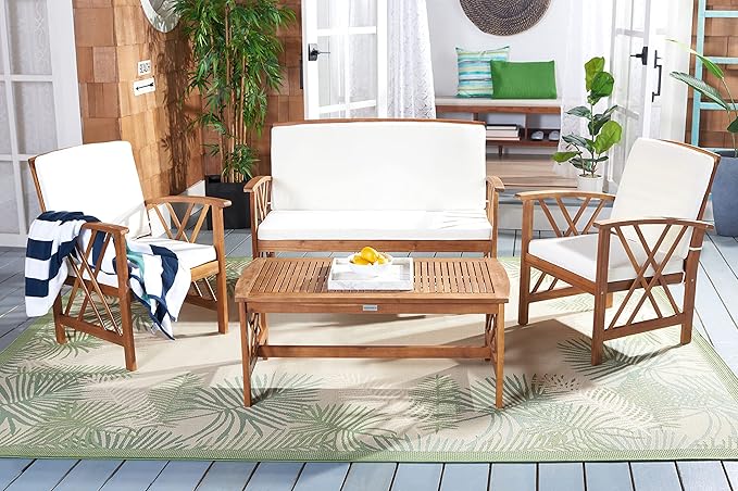 SAFAVIEH Outdoor Collection Fontana Natural/ Beige 4-Piece Conversation Patio Set with Cushions