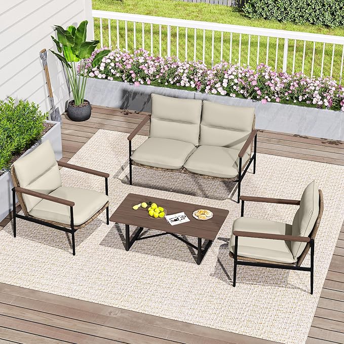 HAPPATIO 4-Piece Outdoor Furniture Set, Aluminum Patio Converation Set with Wicker Seat and Acacia Wood Armrest, Loveseat Sofa Set with Olefin Cushion and Wood Table for Garden Lawn Backyard