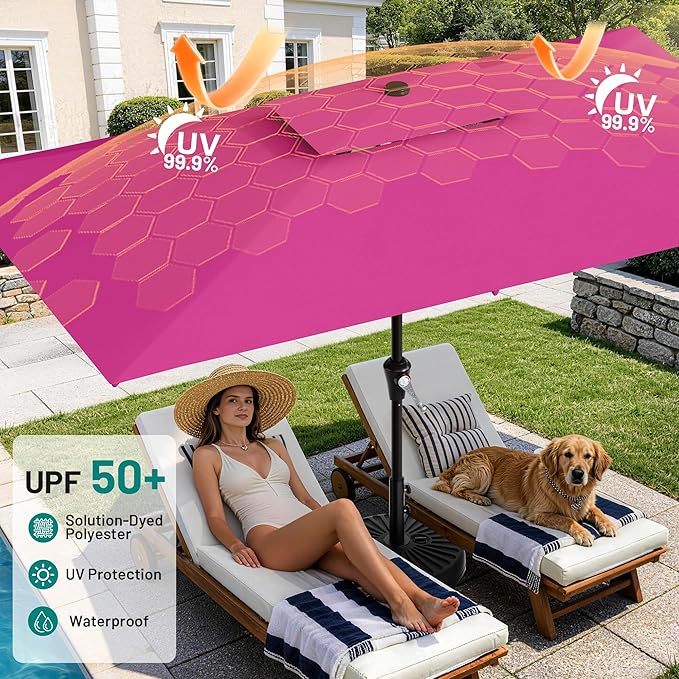 AreShark 6.5'x10' 2 Tiers Rectangular Patio Umbrella - Outdoor Umbrella Waterproof UV Protection, Market Table Umbrella w/Push Button Tilt for Pool, Lawn, Balcony(Rose Pink)