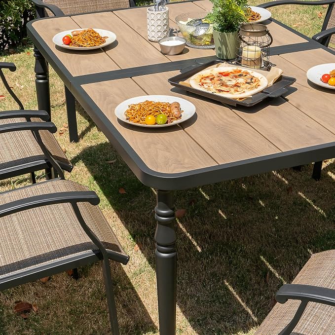 NUU GARDEN 7-Piece All-Weather Outdoor Dining Set, 61” x 37” Wood-Grain Table & 6 Ergonomic Textilene Chairs, Patio Furniture Set with Umbrella Hole for Yard Porch Poolside Garden, Black and Brown