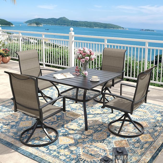 Outdoor Dining Set for 4, 37.8" Outdoor Dining Table with Umbrella Hole and Padded Textilene Patio Swivel Chairs, 5 Pieces Patio Table and Chairs Set for Garden Backyard, Mixed Brown and Black