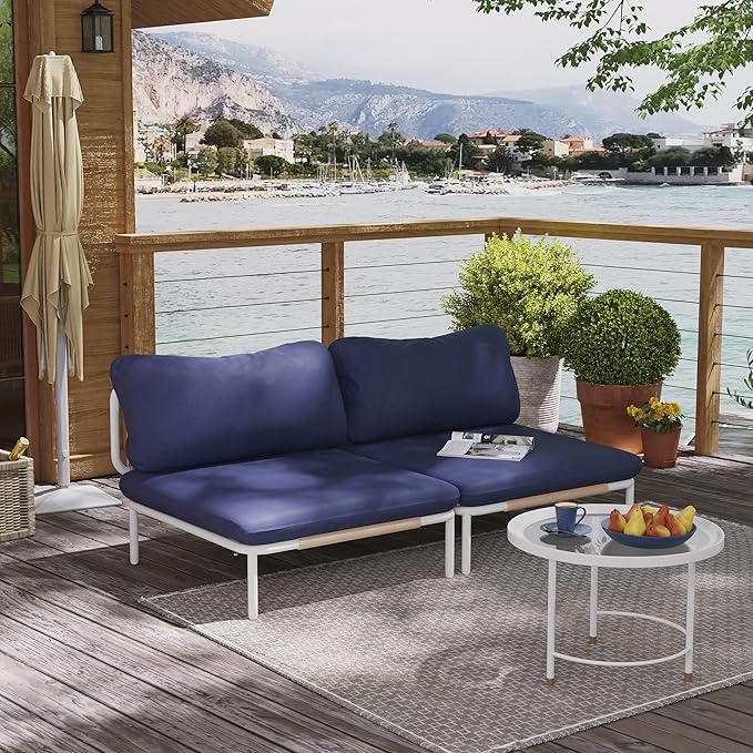 Oversized Patio Furniture Set, Outdoor Patio Furniture Single Sofa, 2-seat Conversation Set with Cushion for Indoor and Outdoor, White Frame and Blue Mat, （Only 2 Armrest）