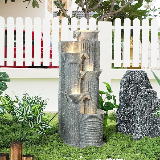 Grepatio Outdoor 5-Tiers Cascading Water Fountain, Garden Waterfalls Fountain with LED Lights, 24" H Modern Indoor Floor Standing Water Fountains with Pump for Patio, Yard, Deck Decor (Light Grey)