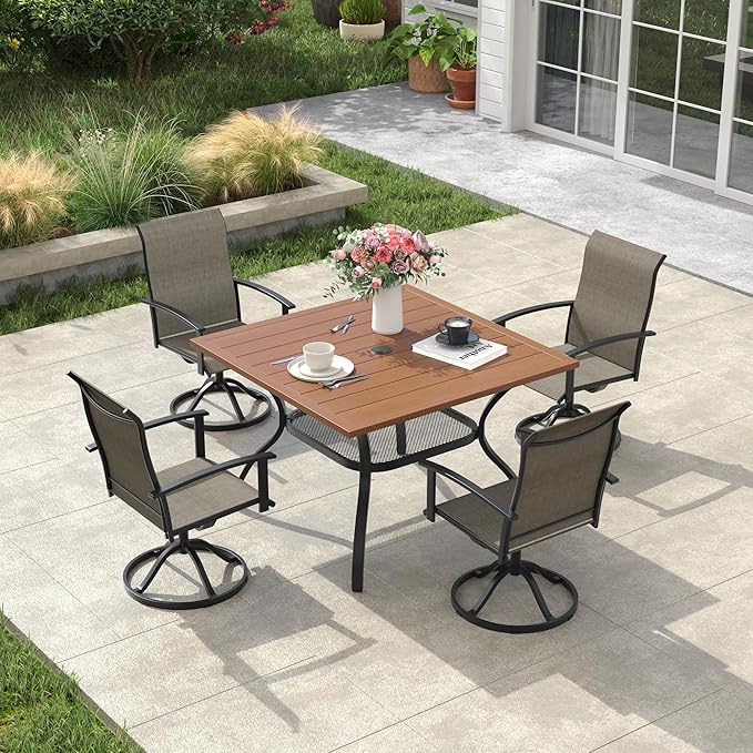VICLLAX Outdoor Table and Chairs Set for 4, Patio Dining Set of 37.8" Metal Square Patio Table with Umbrella Hole & 4 Swivel Outdoor Dining Chairs for Backyard Lawn, Mixed Brown & Walnut