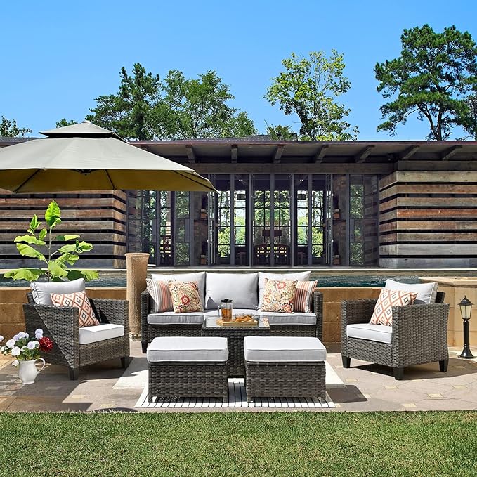 ovios 6 Pieces Patio Furniture Set, Outdoor Wicker Rattan Sofa Couch with Glass Table, Chairs, Comfy Cushions, Conversation Sets for Porch Deck Garden, Grey