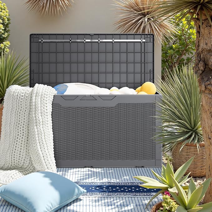 JUMMICO 100 Gallon Resin Deck Box, Waterproof Outdoor Storage Box with Lockable Lid for Garden Tools, Patio Cushions (Gray)