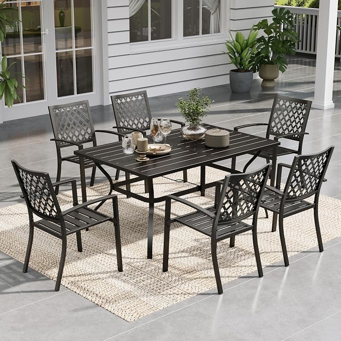 Sophia & William Patio Dining Set Metal Outdoor Table and Chairs Furniture Set 7 Piece, Large 60.2" Dining Table with Umbrella Hole and 6 Backyard Garden Chairs Support 300LBS for Deck, Lawn, Garden