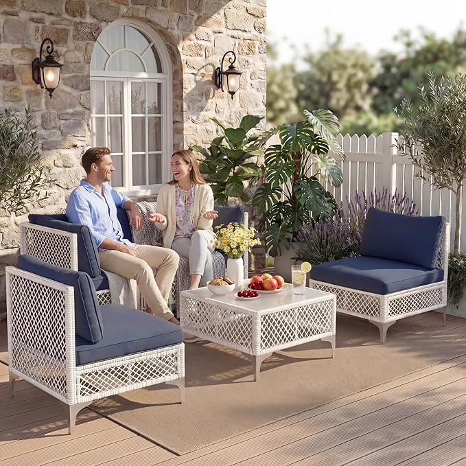 ENSTVER 5-Piece Outdoor Patio Furniture Set, Value Lightweight Boho Outdoor Sectional with Handwoven Wicker & Easy Assembly, Durable Outdoor Sofa for Small Patio, Balcony（Cushion Navy Blue）