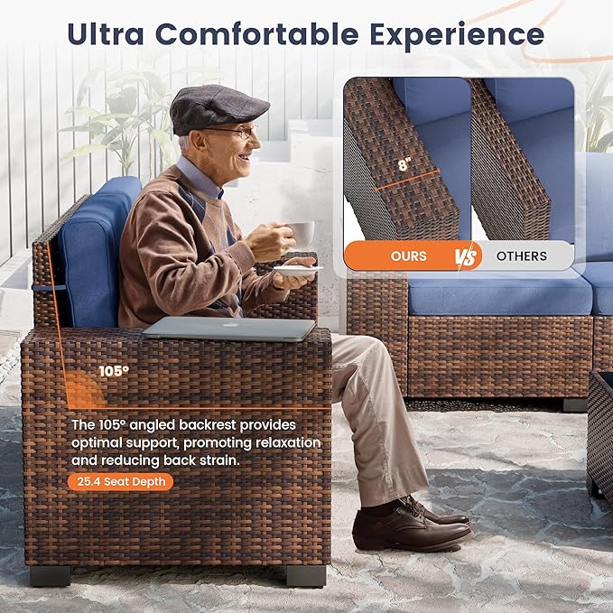 UDPATIO Patio Sectional Sofa with Fire Pit Table, 8 Inch Armrest 7-Piece Wicker Conversation with Waterproof Cover for Backyard Deck, Brown/Navy Blue