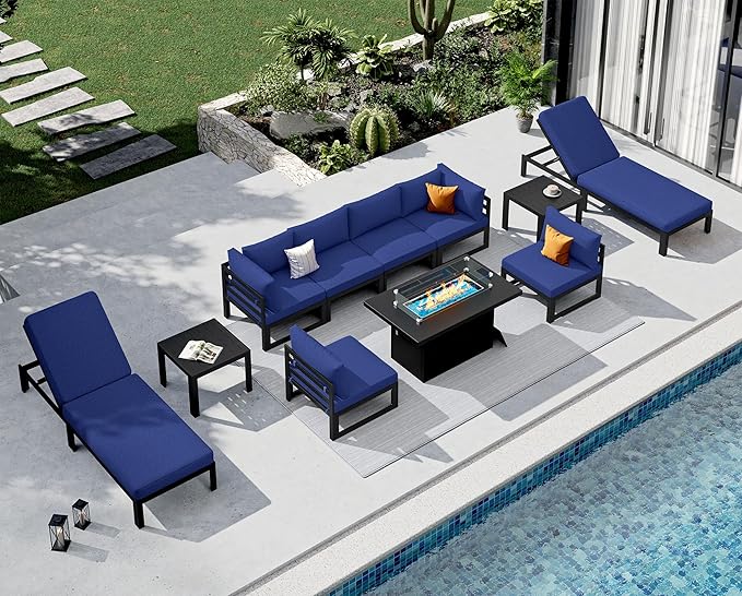 NICESOUL 11 Piece Large Modern Aluminum Patio Furniture Set, Water & Fade Resistant Modular Outdoor Conversation Set with Lounge, 500 lbs Heavy Duty Comfortable Sectional Sofa for Poolside, Navy Blue