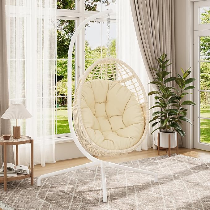 Hanging Egg Chair Swing Chair with Stand Wicker Rattan Chair for Indoor Outdoor Patio Bedroom Hammock Chair with Steel Frame and Cushion (Color: Beige)