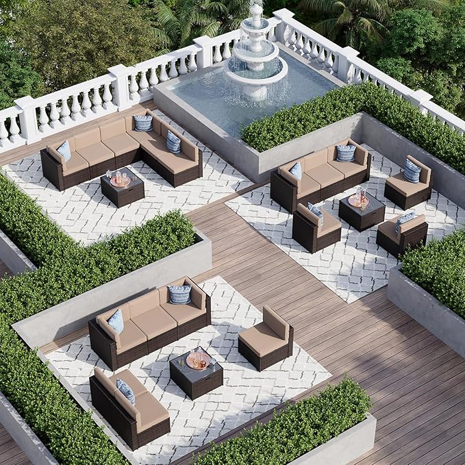 Aoxun 7 Piece Patio Furniture Set, All-Weather Wicker Outdoor Furniture 6 Seats Patio Conversation Sets with Storage Coffee Table, Outdoor Sectional Sofas for Backyard Garden(Brown/Khaki)