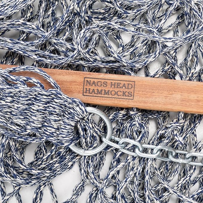 Nags Head Hammocks Admiral Navy Oatmeal DURACORD Rope Hammock – 13 ft. x 60 in., 2-Person, 450 lb Capacity, Cumaru Spreader Bar, Free Chains & Tree Hooks, Handcrafted in The USA