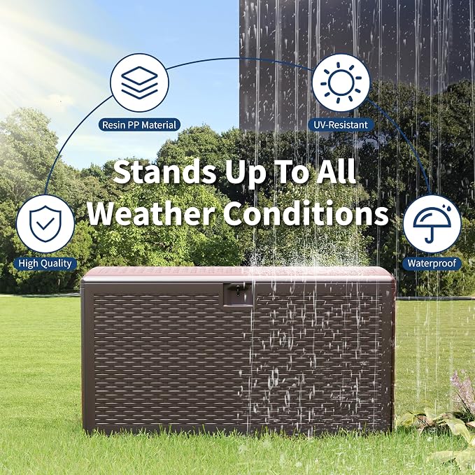Takywep 99 Gallon Wicker Resin Deck Box with Handles, Lockable Storage Container for Patio Furniture Tools, Waterproof Deck Box with Hydraulic Rod Patio Storage Bin for Pool Garden, Brown