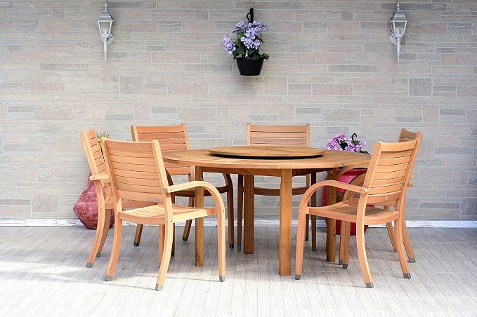 Amazonia Powell 7-Piece Wood Patio Dining Set | Round Eucalyptus Table with Lazy Susan | Ideal for Outdoors