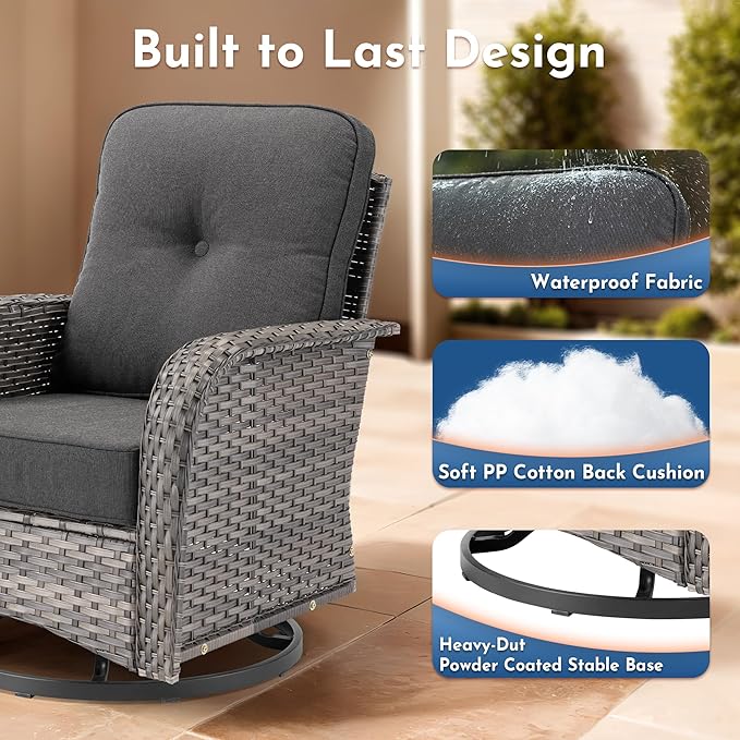 Weaxty Outdoor Swivel Rocker Patio Chairs, 3 Pieces Patio Furniture Set with Rocking Chair and Wicker Side Table, Outdoor Furniture Conversation Set for Porch, Deck, Yard, Balcony, Black