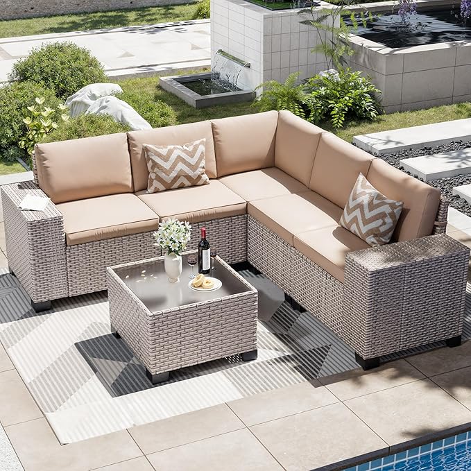 6-Piece Outdoor Patio Furniture Set, Modular Sectional Sofa Set with Glass Coffee Table and Cushions, Wicker Outdoor Couch Conversation Sets, Khaki