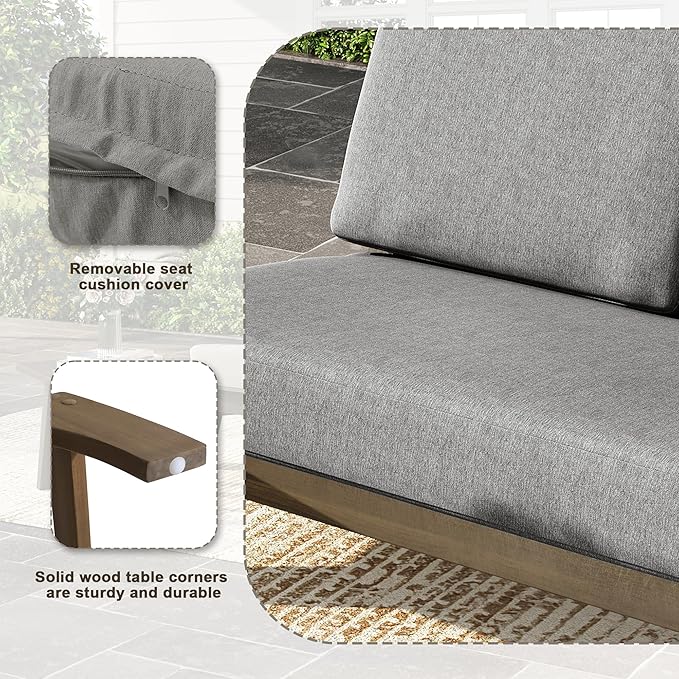UIXE Wood Patio Furniture Sets, 3 Pieces All Weather Patio Loveseat Sofa Outdoor Sectional Futniture Backyard Conversation Set with Solid Wooden Coffee Table - Light Gray