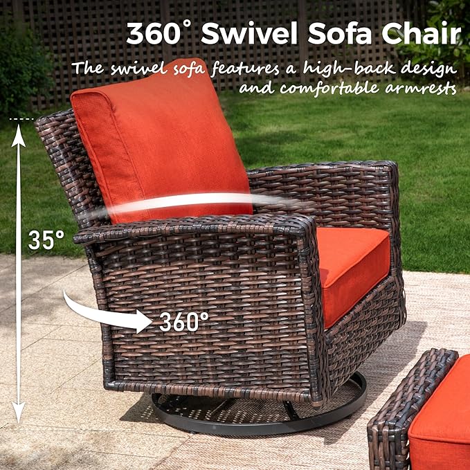 6-Piece Wicker Patio Furniture Set with Swivel Chairs, High Back Outdoor Furniture with 5.5-inch Thick Cushion and Ottoman, All-Weather Wicker Patio Conversation Set for Deck Yard Pool, Red