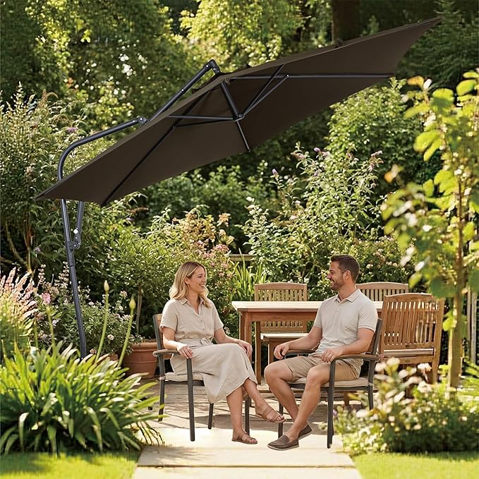10FT Offset Patio Umbrella, Cantilever Hanging Umbrella with Infinite Tilt, Fade-Resistant Water-Repellent Canopy & Cross Base for Yard, Garden & Deck
