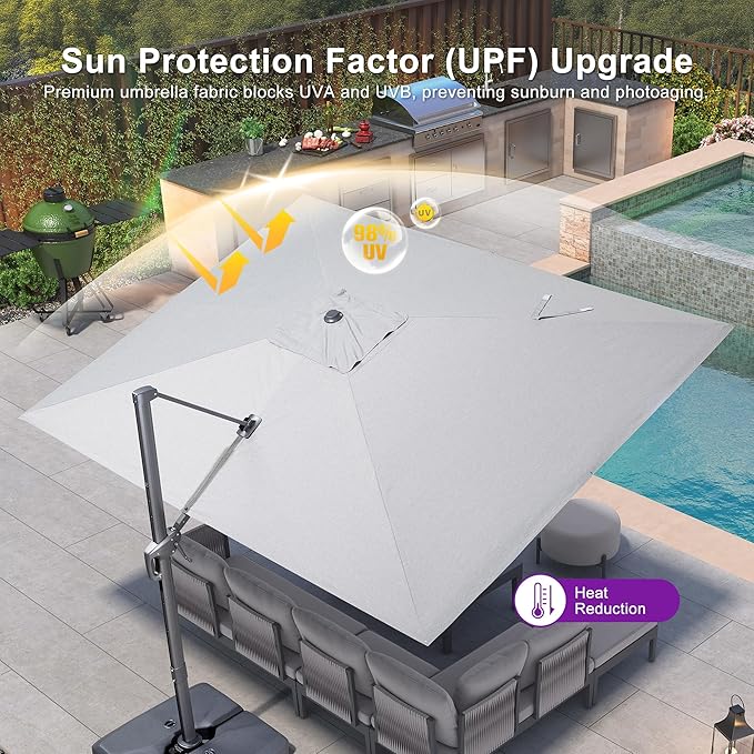 PURPLE LEAF Patio Umbrella 9' X 11.5' Cantilever Umbrella with Central Lights and Base Aluminum Outdoor Umbrellas with 360-degree Rotation & UPF40+ Fabric for Deck Pool Garden Yard, Pebble Grey