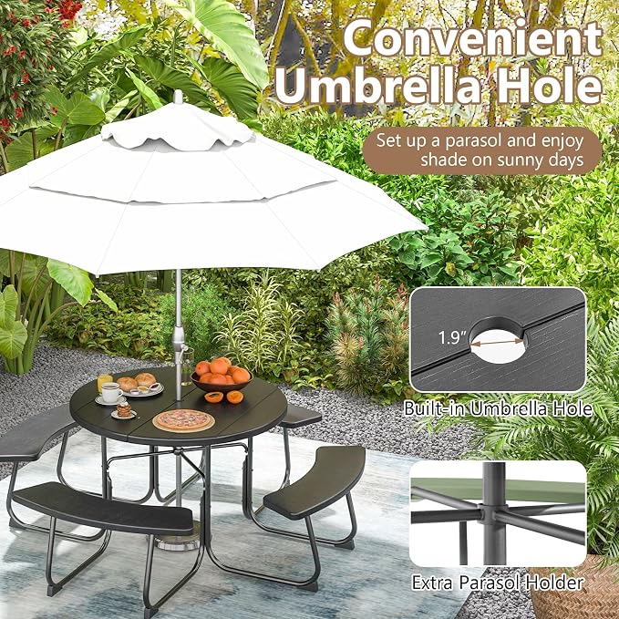 Round Picnic Table for 8 Person, Outside Table Bench Set w/ 4 Built-in Benches, Umbrella Hole, HDPE Top & Metal Frame, 2000LBS Capacity Outdoor Picnic Table for Garden, Porch, Patio (Black)