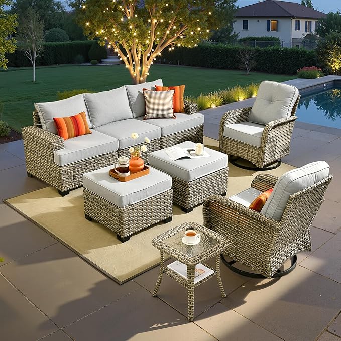 ovios 8 Piece Patio Sectional Furniture with Swivel Rocking Chairs, Rattan Wicker Coversation Couch Set, Outdoor Sofa Set for Outside Porch Balcony Backyard Pool, Light Grey