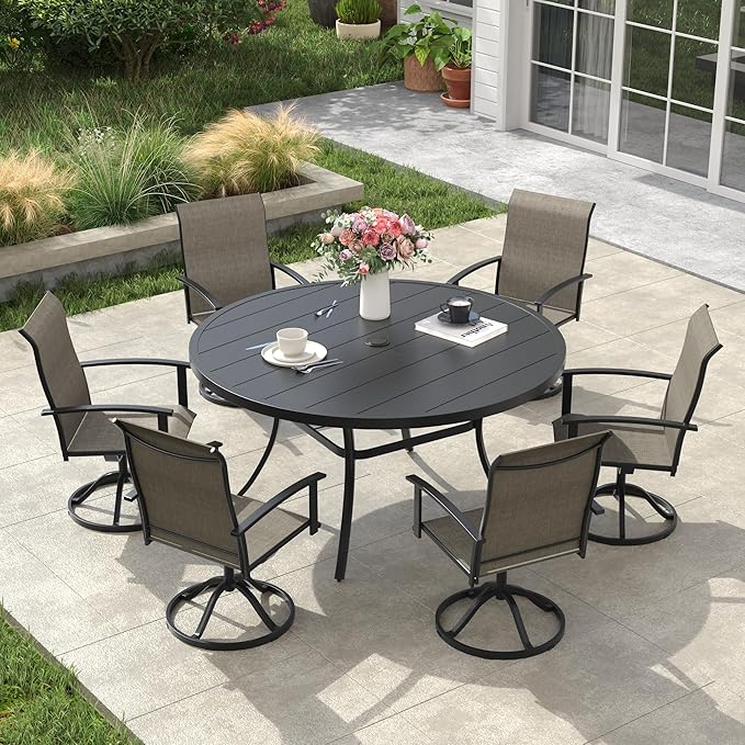 VICLLAX Outdoor Table and Chairs Set for 6, Patio Dining Set of 50 Metal Round Patio Table with Umbrella Hole & 6 Swivel Outdoor Dining Chairs for Backyard Lawn, Mixed Brown & Black