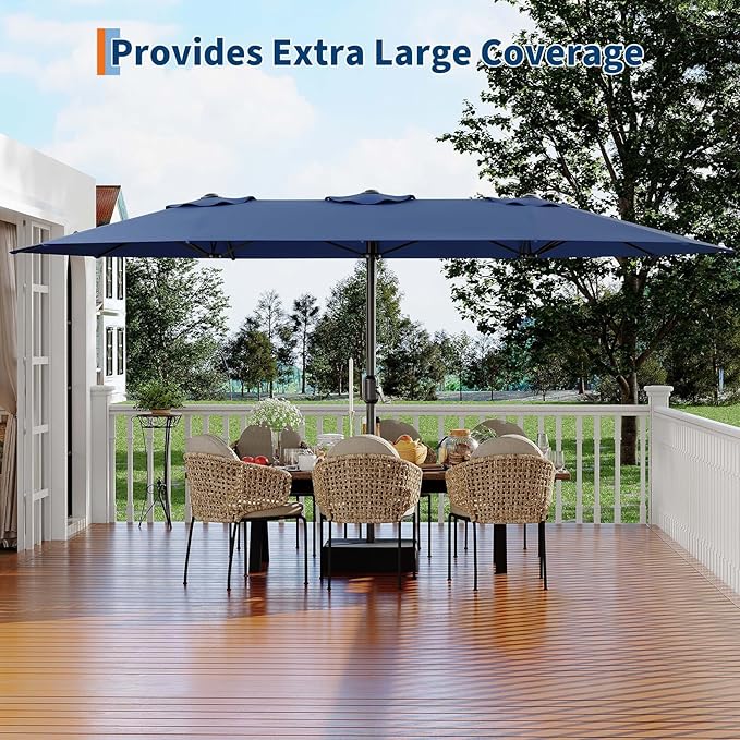 15FT Extra Large Double-Sided Patio Umbrella with Solar LED Lights – Heavy-Duty Rectangular Outdoor Market Umbrella, Fade-Resistant UV Canopy, Included Base for Backyard, Pool, Deck, Garden – Beige/Mist Blue